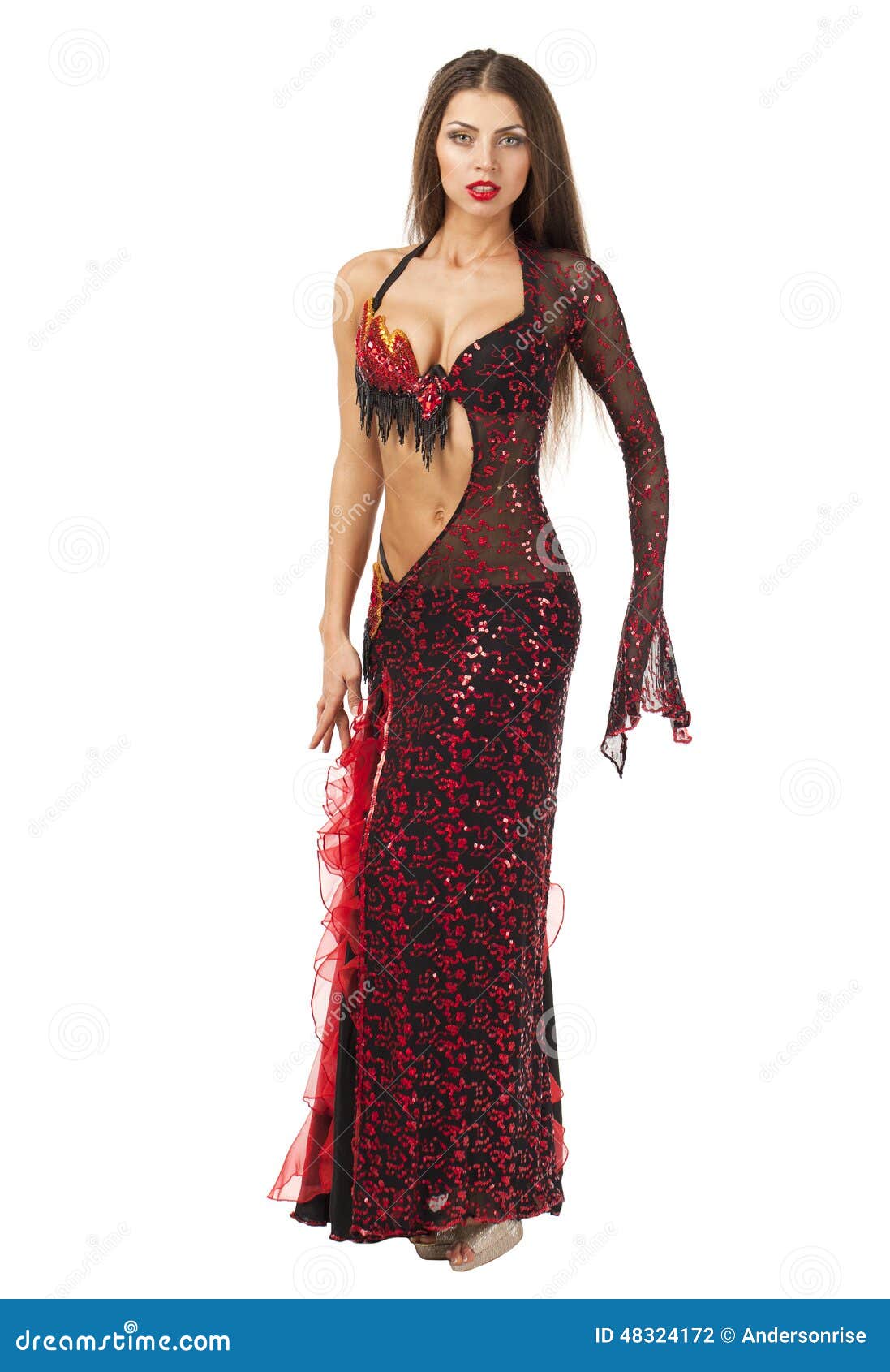 Woman Traditional Spanish Flamenco Dancer Dancing In A Red Dress Stock