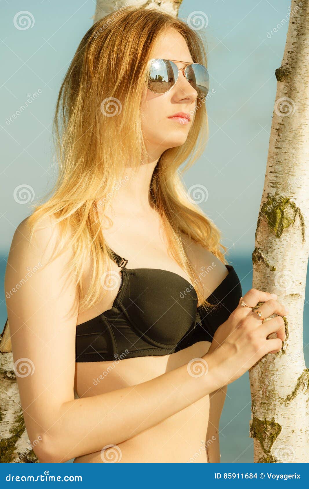 Woman Wearing Black Bikini Posing Next To Tree Stock Photo Image Of 42612 Hot Sex Picture