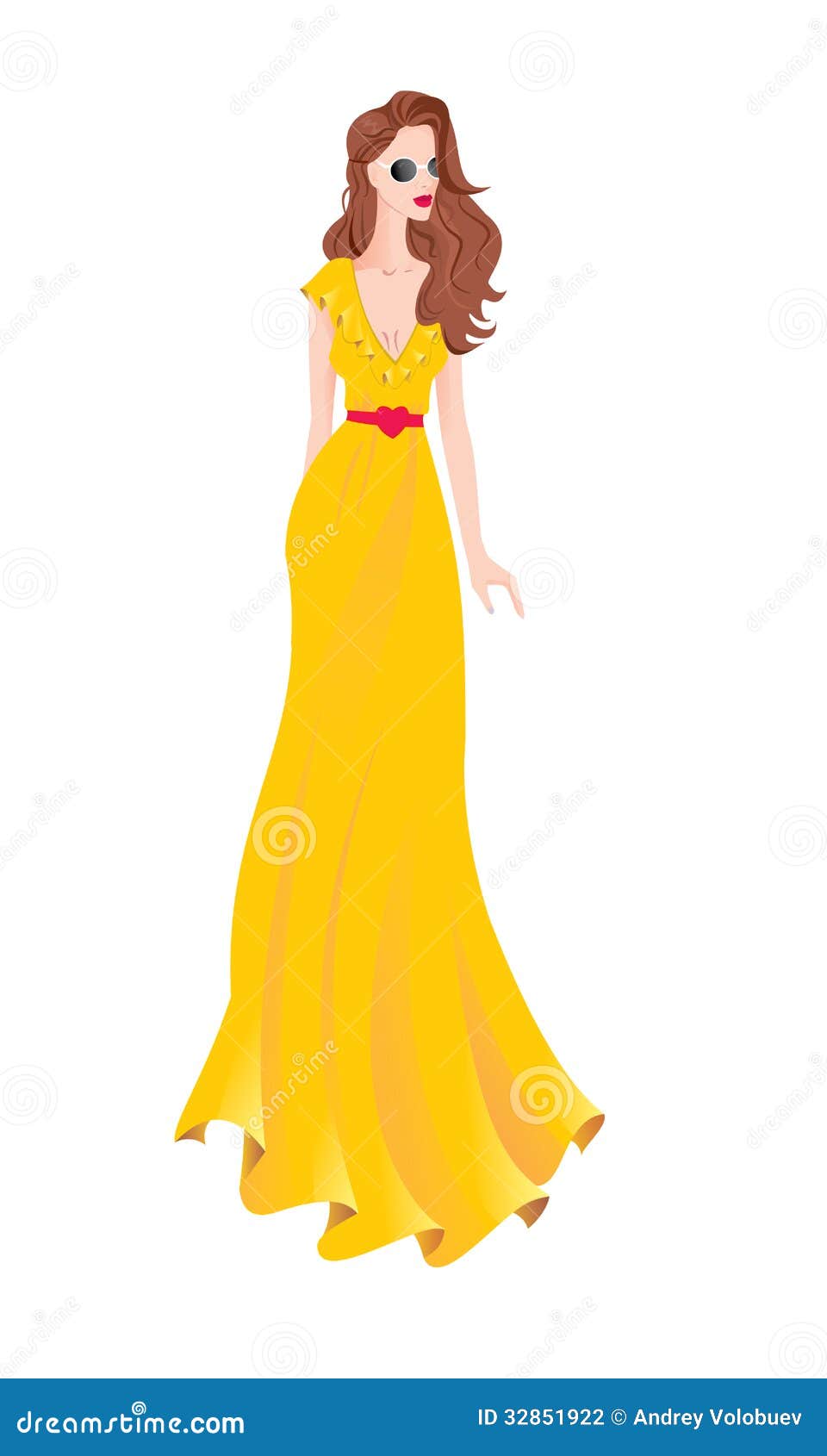 Brown-haired woman in a summer long yellow sun dress.