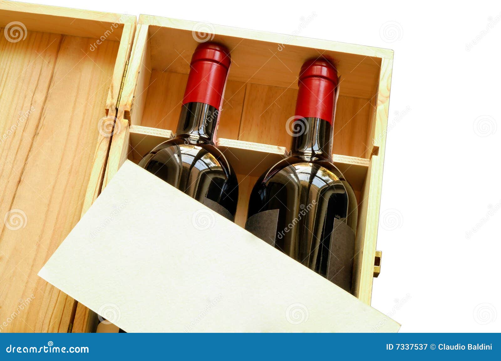 Wood gift box with two wine bottles and blank card (horizontal) with 