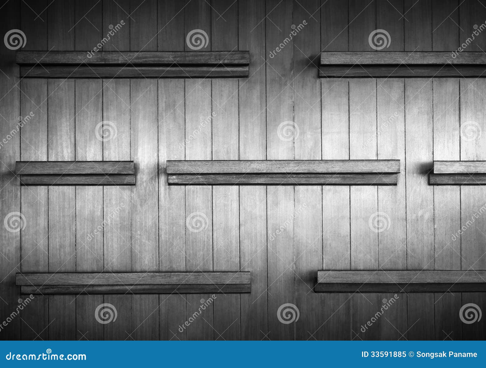 Empty wood shelf on wood decorative wall.