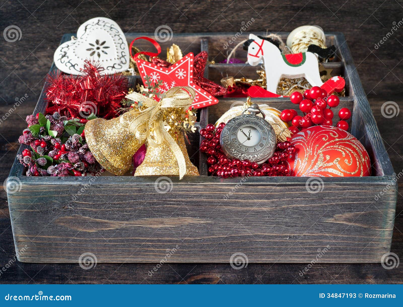 Wooden Box With Christmas Toys And Decorations Stock Photos - Image 
