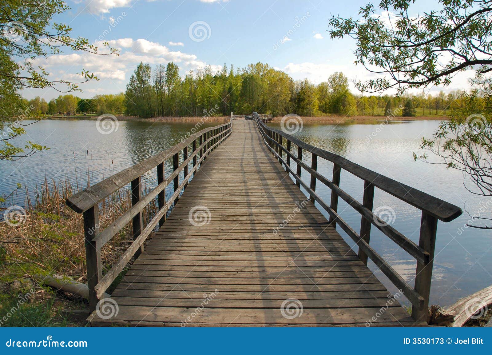 Wooden footbridge spanning a lake. Valens. Ontario. Canada.