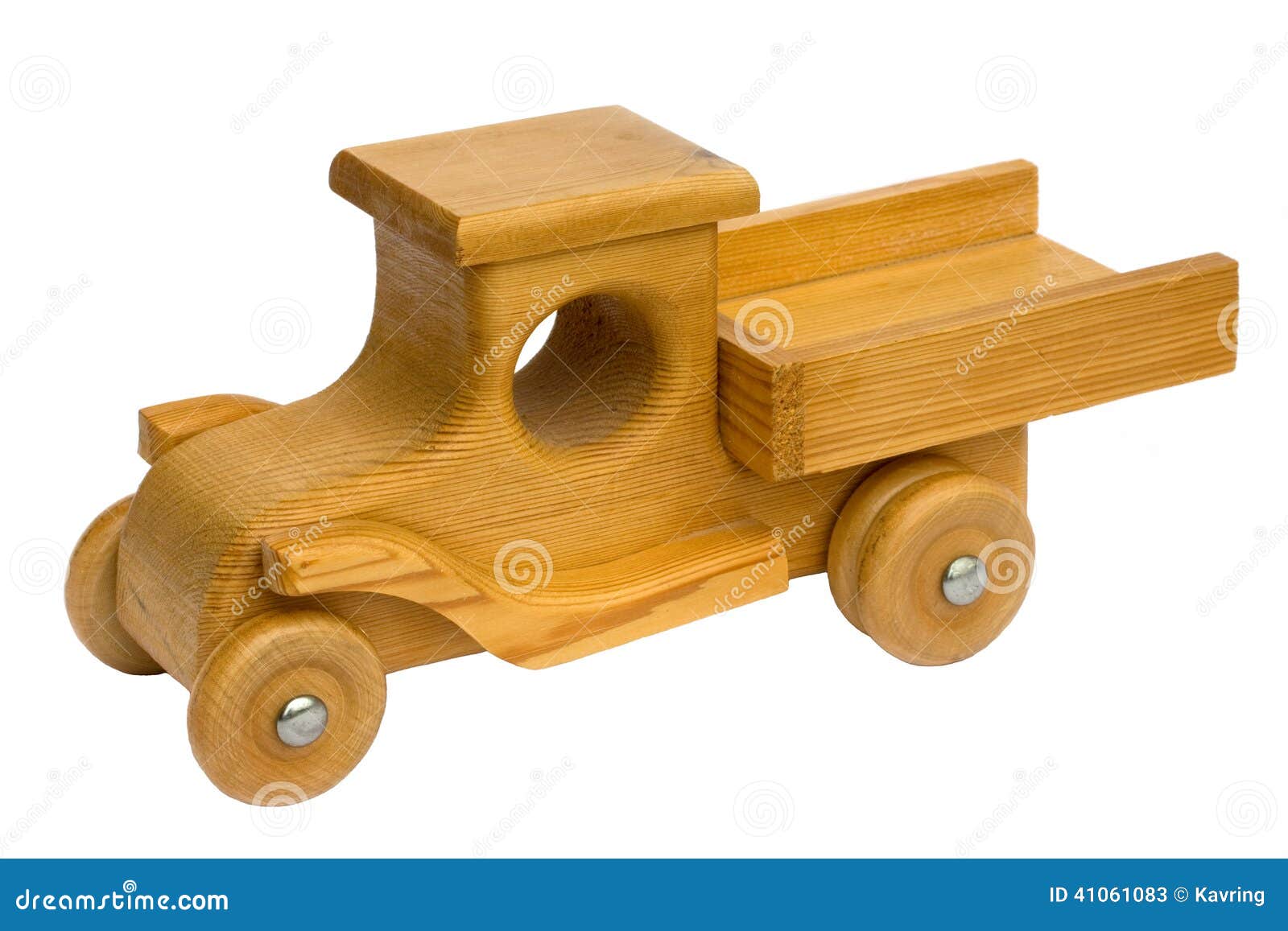 Old homemade wooden toy truck isolated on white.