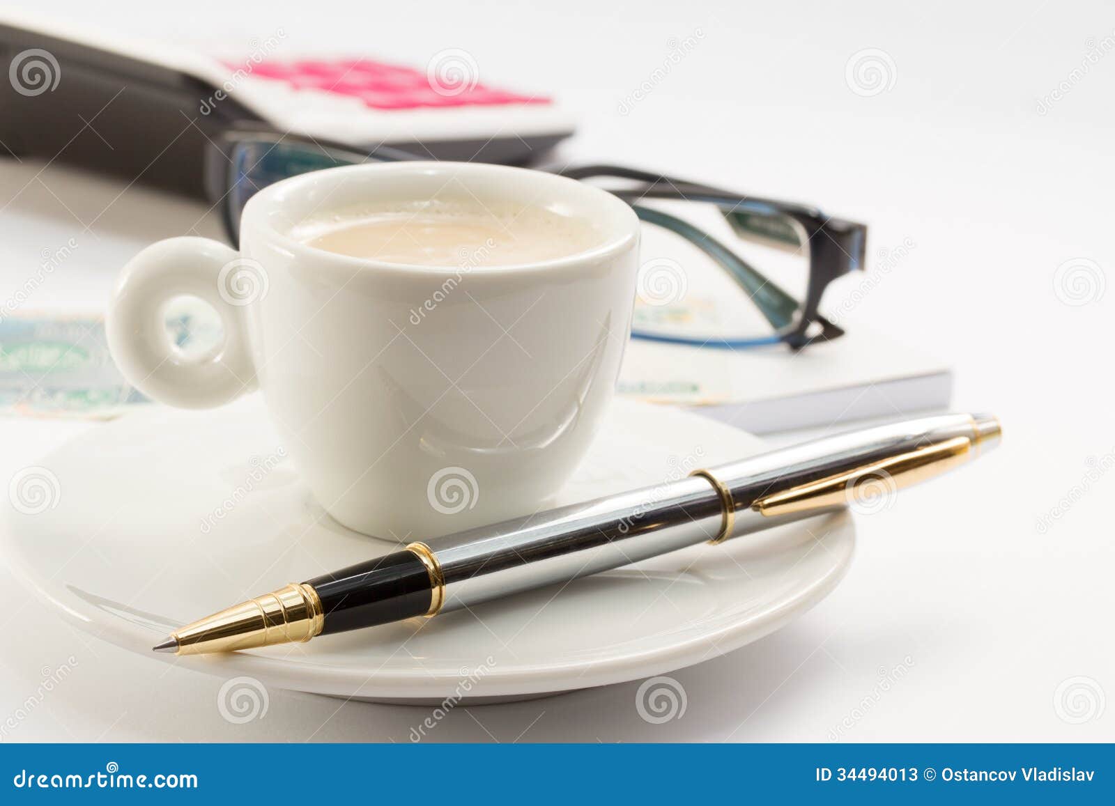 Workong environment white table or place with cup of coffee glasses ...