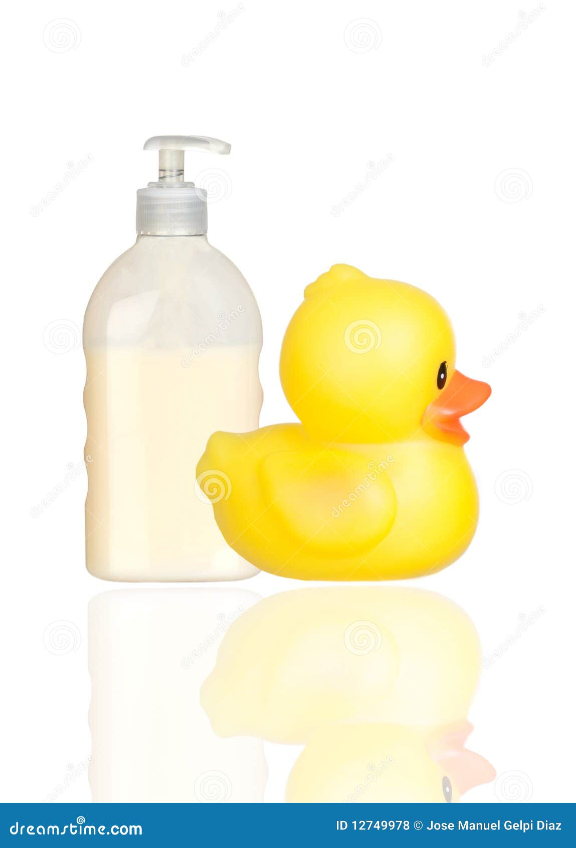 Royalty Free Stock Photos: Yellow plastic duck and boat bath dispenser 