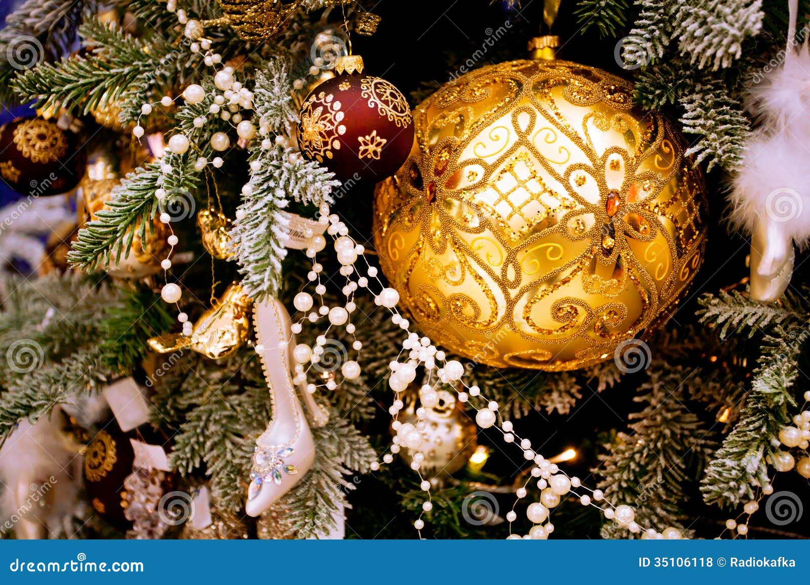 Yellow And Red Christmas Decorations On A Christmas Tree Royalty Free ...