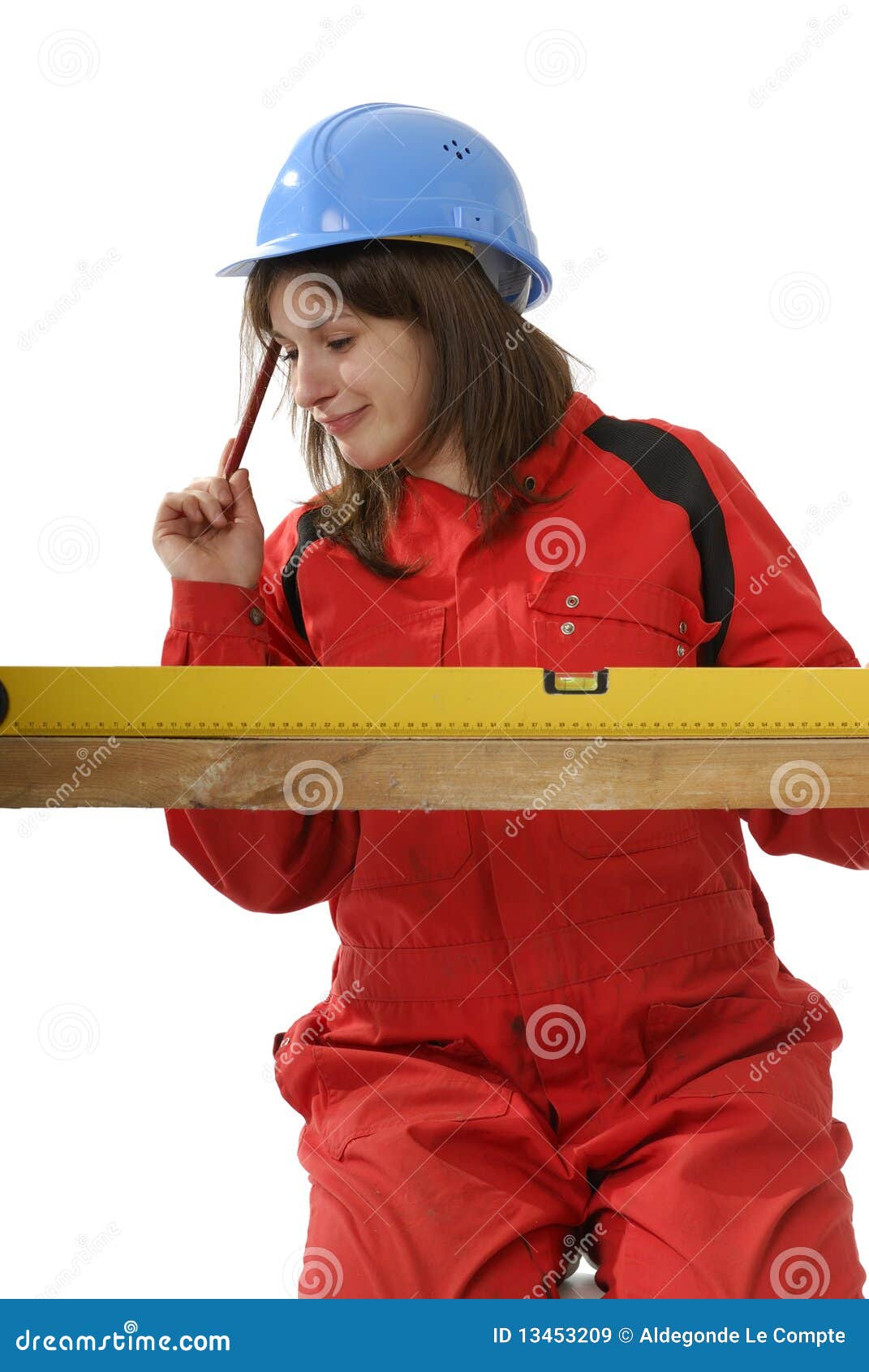 Young carpenter apprentice on white background.