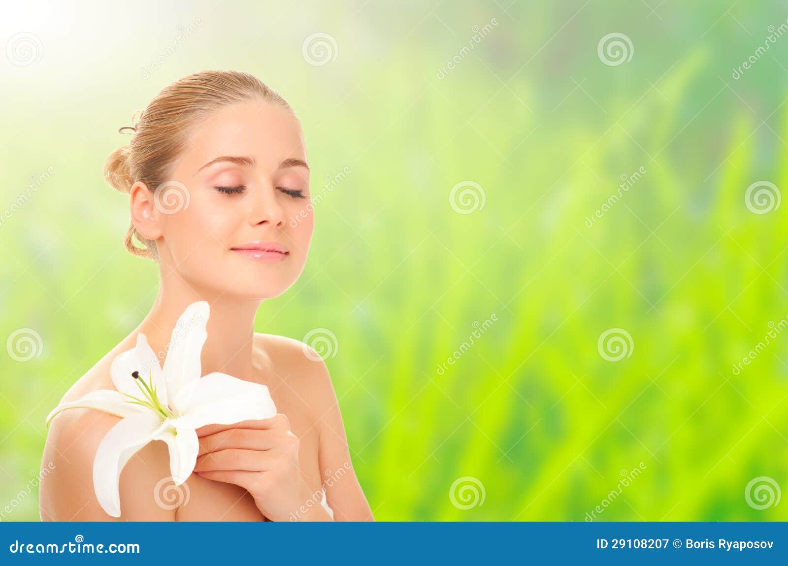 Young Healthy Girl With Flower On Spring Backgr Royalty Free Stock 