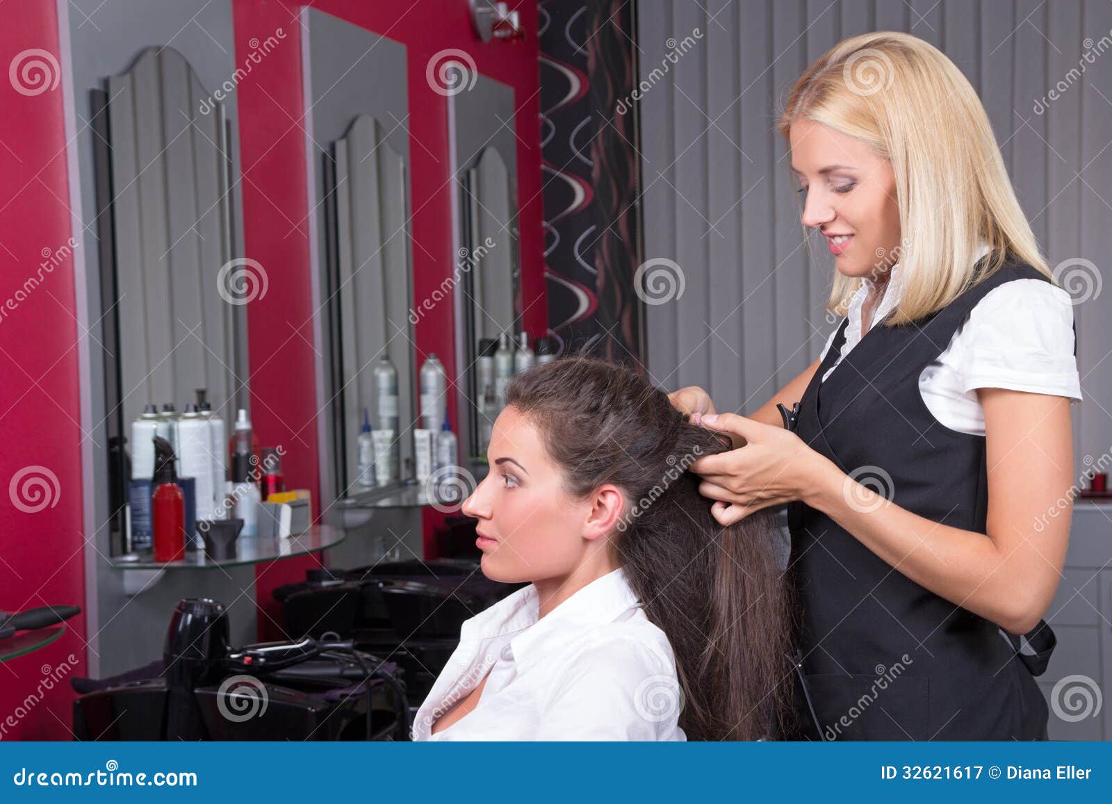 Young Woman Getting A New Haircut By Hairdresser At Barbershop Royalty ... Young Woman Getting A New Haircut By Hairdresser At Barbershop Royalty ...