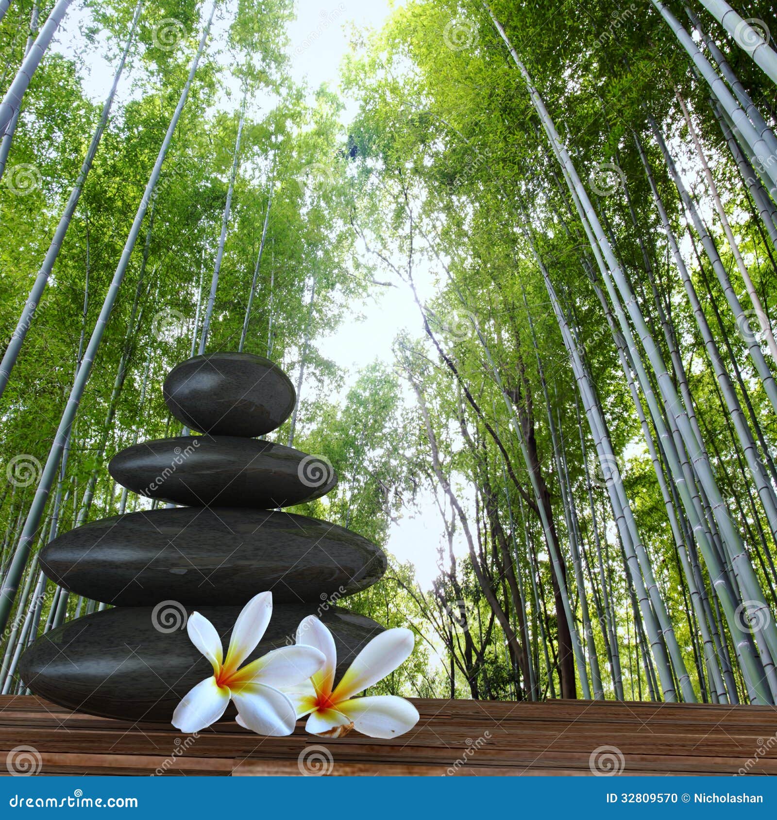 Zen Basalt Stones And Bamboo Zen Stone With Flower In