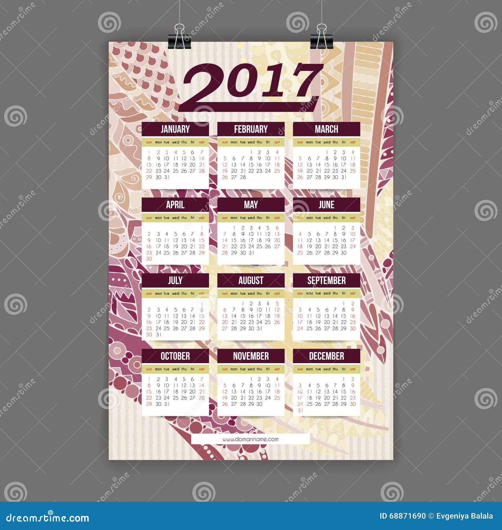 zentangle五颜六色的日历2017手画仿照花卉样式和图片