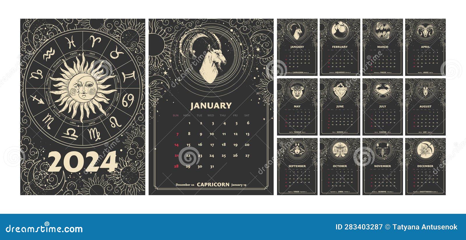 Zodiac Signs Calendar Astrology Magical Vertical Calendar Week