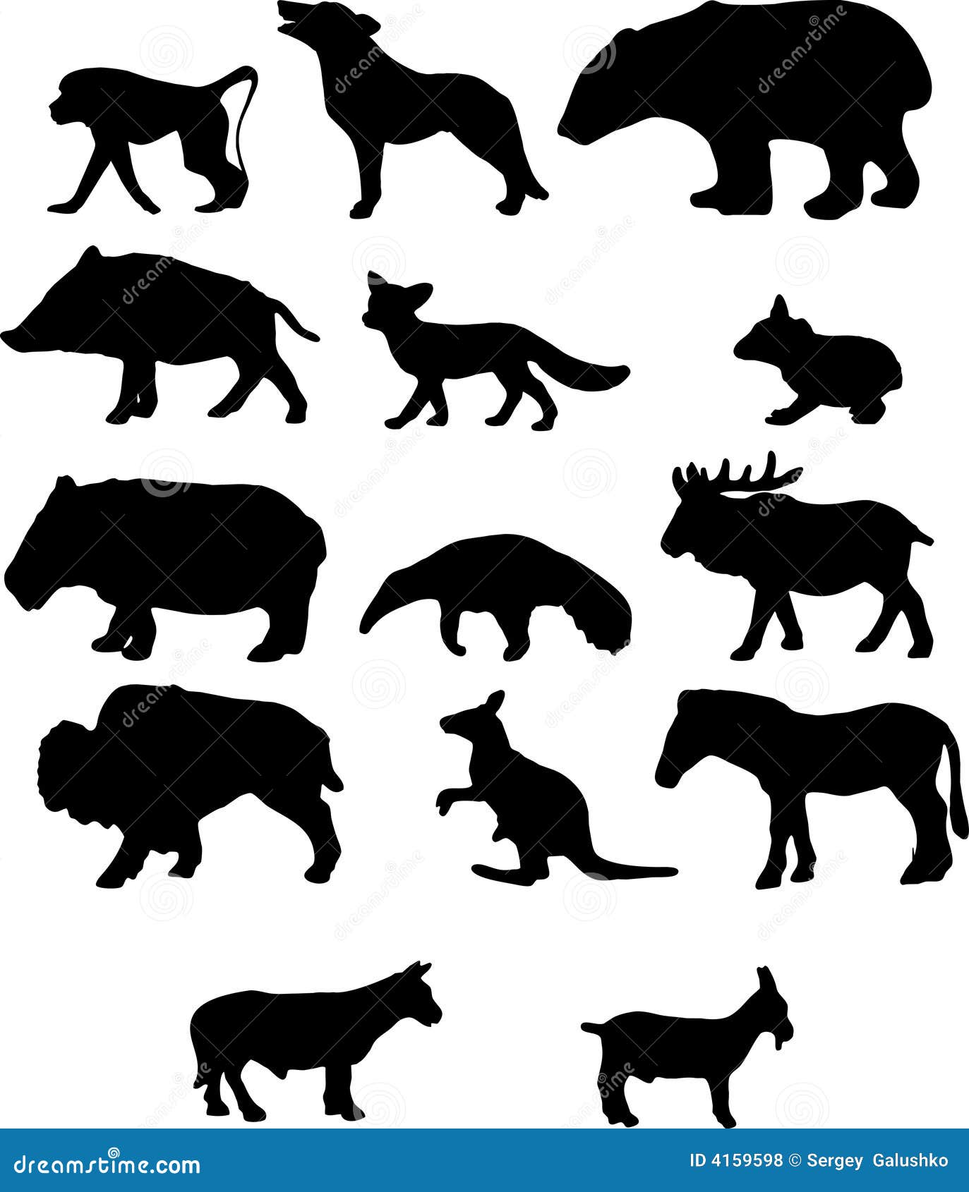 通配动物不同的宠物姿势的剪影.