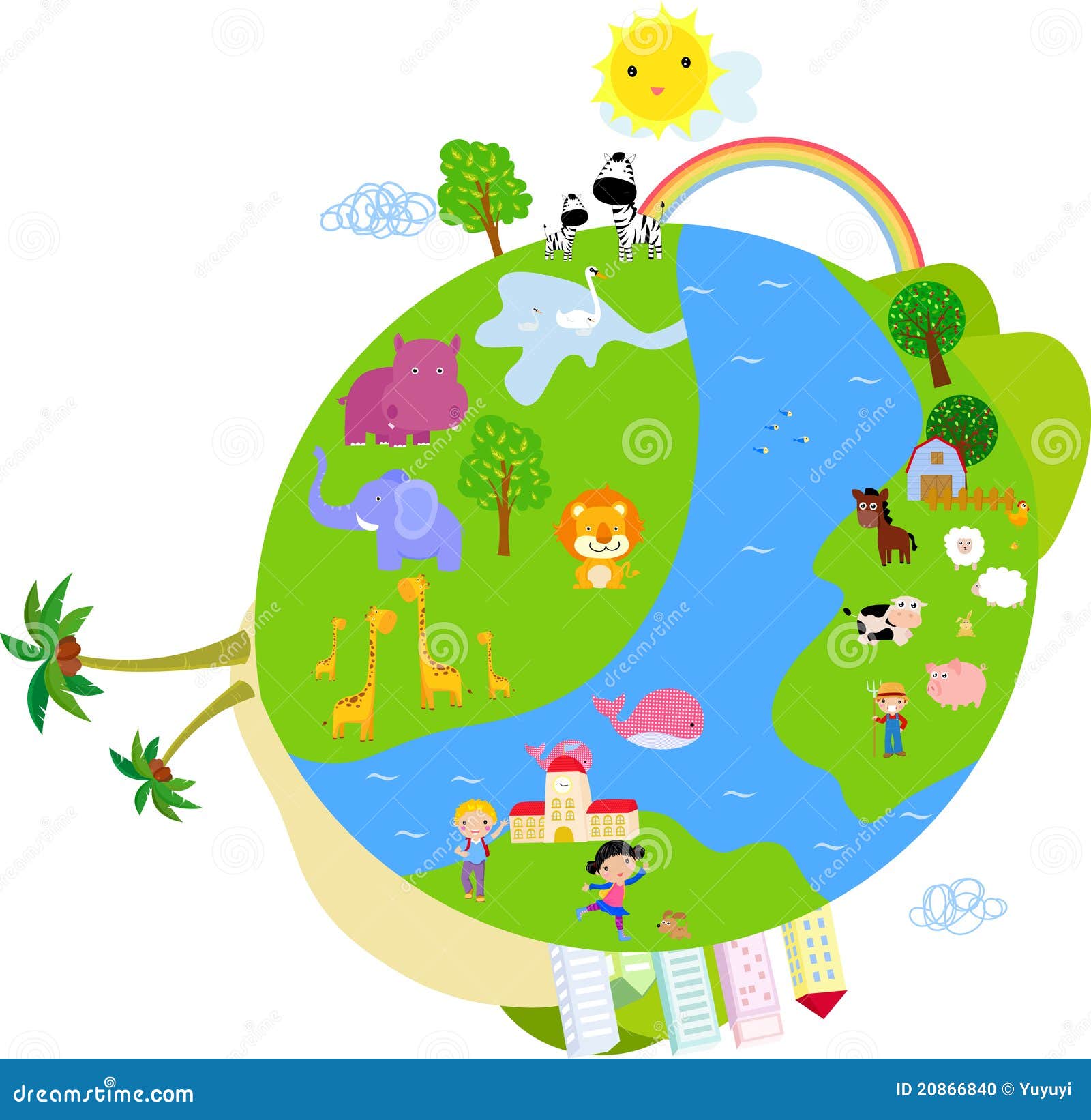 地球,动物,孩子和结构树动画片.