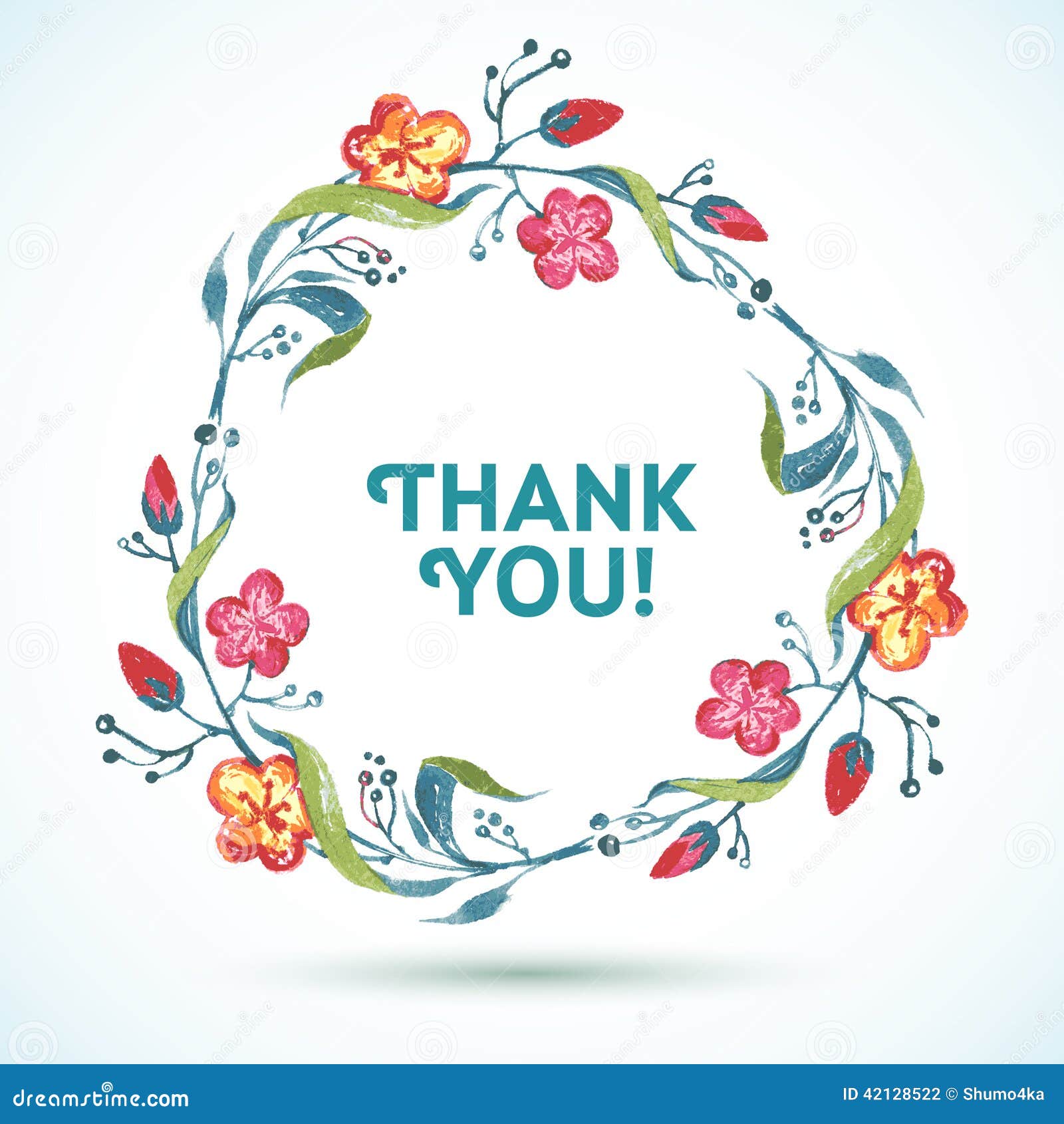 谢谢在白色背景的水彩花卉花圈.