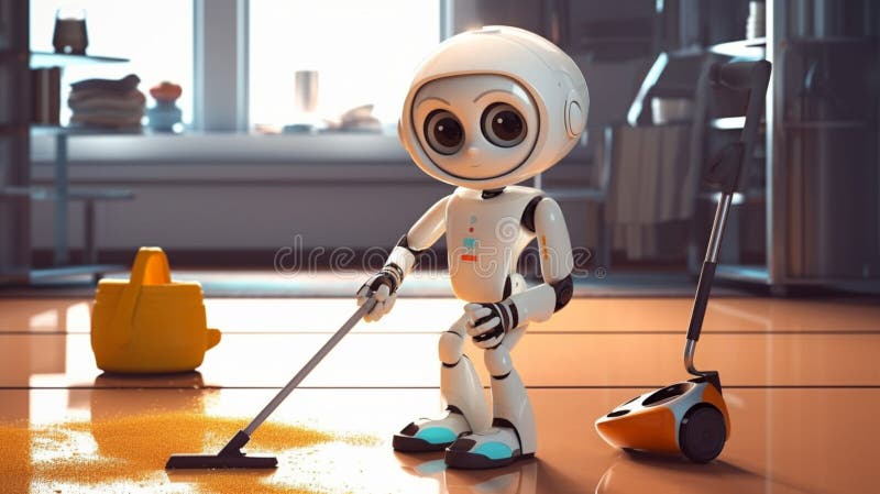 Robot Aspirador Trabajando En Casa Moderna. Round Limpia La Sala
