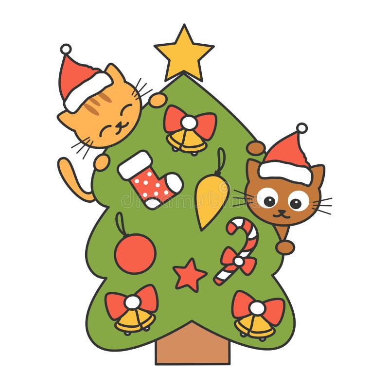 Árbol De Navidad Con Dibujos Animados Con Gatos Divertidos Vectoriales  Ilustración Ilustración del Vector - Ilustración de aislado, drenaje:  161434453