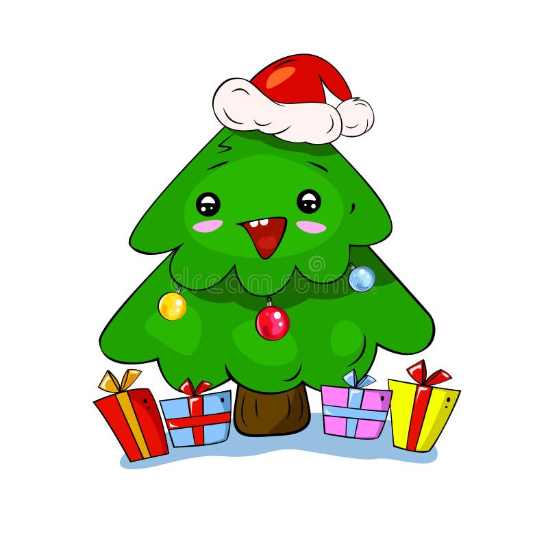 Árbol De Navidad Kawaii En El Sombrero De Santa Con Cajas De Regalo  Alrededor Ilustración del Vector - Ilustración de fondo, nuevo: 166862897