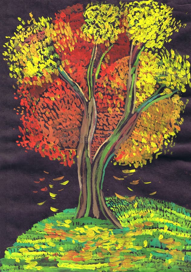 árbol De Otoño Multicolor En La Técnica Del Puntillismo. Dibujo De Niños  Imagen de archivo - Imagen de multicolor, negro: 201113423