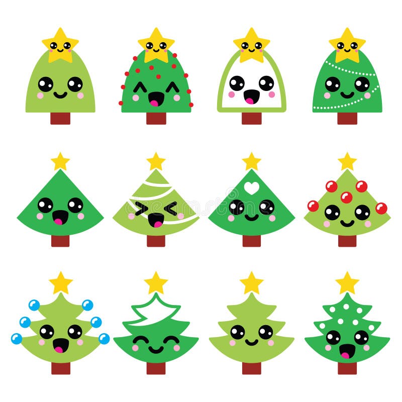 Árbol Lindo Del Verde De La Navidad De Kawaii Con Los Iconos De La Estrella  Fijados Stock de ilustración - Ilustración de vacaciones, estilo: 59831942