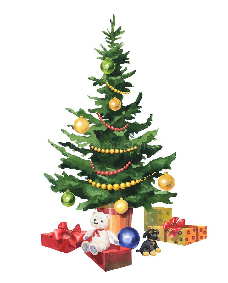 Árvore De Natal Decorada Por Aquarelas Com Presentes E Brinquedos  Ilustração Stock - Ilustração de aquarela, vermelho: 199659713