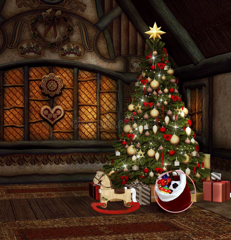 Árvore De Natal E Brinquedos Em Uma Velha Casa De Fantasia Ilustração Stock  - Ilustração de alegre, decorado: 163115553