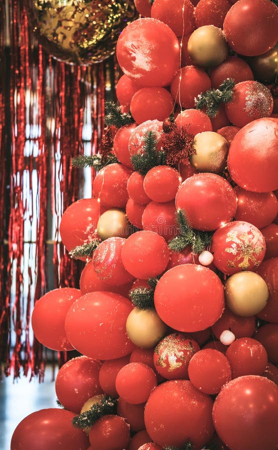 árvore De Natal Feita De Balões Vermelhos Com Decoração Fechada Foto de  Stock - Imagem de alegre, brilho: 206699948