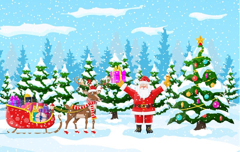 Árvore De Natal Papai Noel Com Trenó Da Rena Ilustração do Vetor -  Ilustração de saco, rena: 129252155