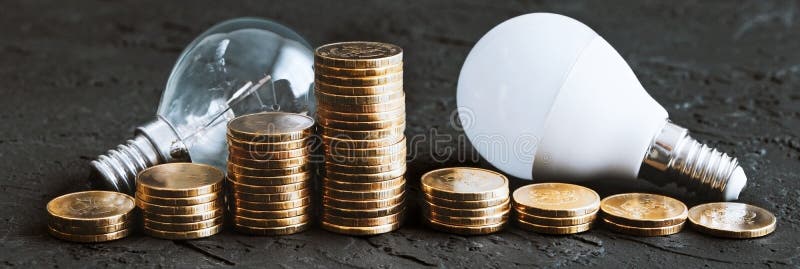 économie D'énergie. Ampoule Basse Consommation Et Ampoule Ancienne. Monnaie  Sur Fond Sombre. Pile De Pièces Image stock - Image du consommateur,  consommation: 242031435