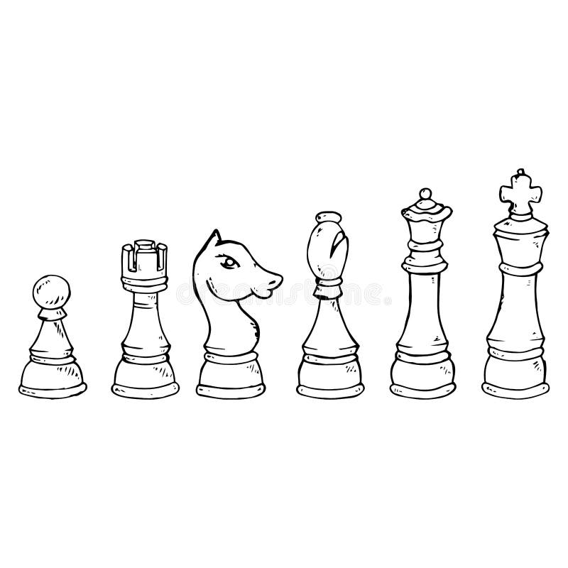 peças de xadrez desenhadas à mão rei, rainha, bispo, cavalo, peão
