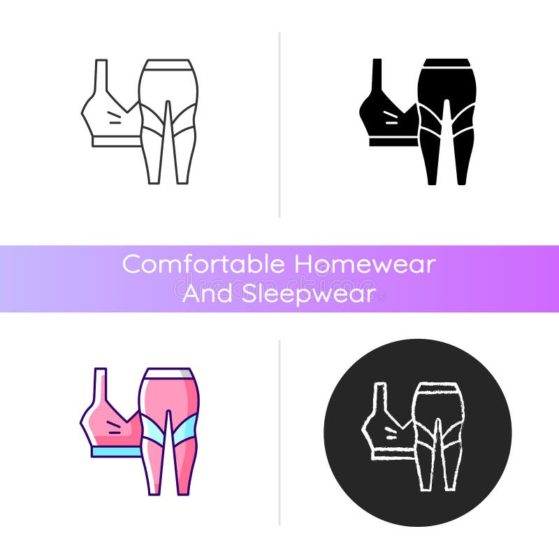 roupas confortáveis para conjunto de ícones de cores rgb em casa. top de  sutiã. moletom para mulheres e homens. corredores confortáveis. ilustrações  isoladas do vetor. coleção de desenhos simples preenchidos de pijamas