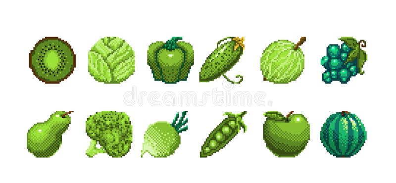 Ícone Do Conjunto De Pixel-art Verdes E Frutas 32x32 Pixels