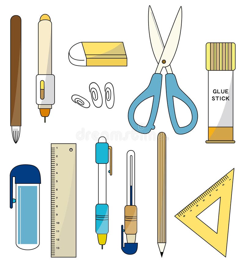 Jogo Do ícone Dos Artigos De Papelaria Dos Desenhos Animados Ilustração do  Vetor - Ilustração de mecânico, eliminador: 19483472