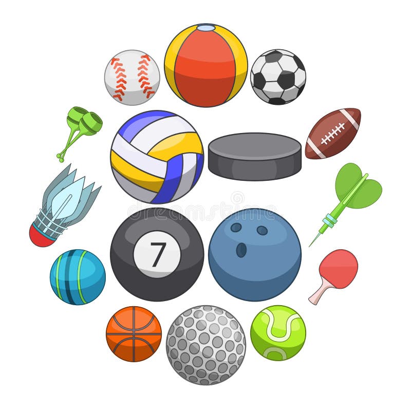 ícones de bolas esportivas definem tipos de jogo, estilo de desenho animado  8558039 Vetor no Vecteezy