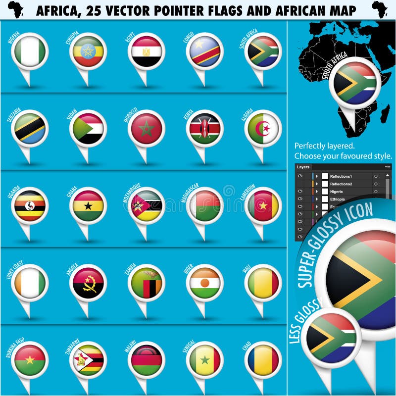 Ícones Da Bandeira Do Ponteiro De África Com Mapa Africano Set1 Ilustração  do Vetor - Ilustração de egipto, marfim: 31568852