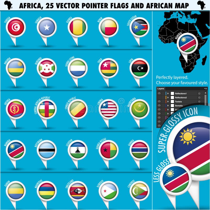 Ícones Da Bandeira Do Ponteiro De África Com Mapa Africano Set1 Ilustração  do Vetor - Ilustração de egipto, marfim: 31568852