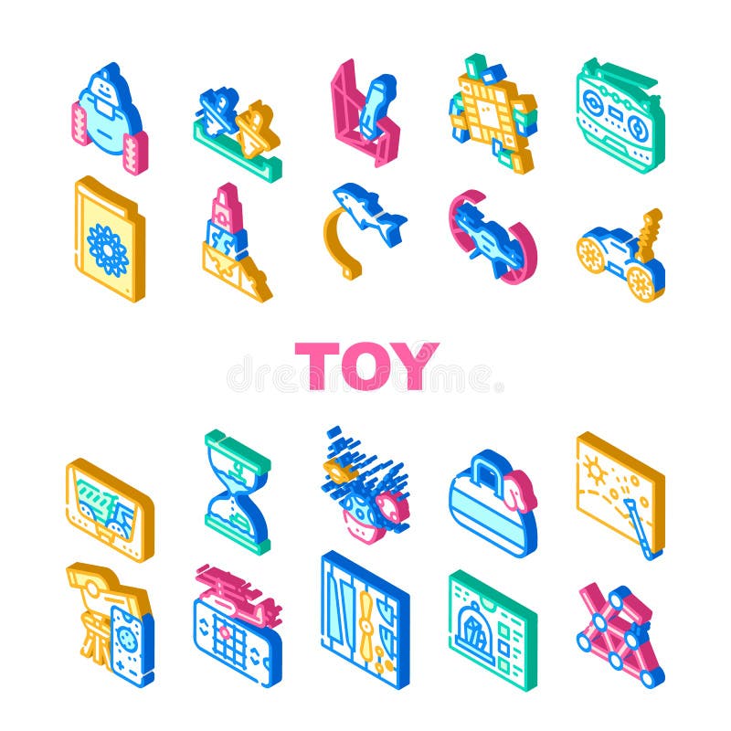 Conjunto de ícones de coleção de jogos de brinquedos e crianças robô  vetorial e carro controlado