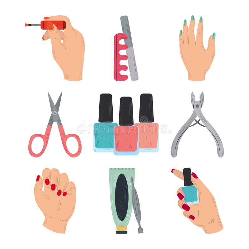 Conjunto De Manicure Com As Mãos Femininas Ferramenta De Cor De Polimento  De Unhas No Estilo De Desenho Animado Ilustração do Vetor - Ilustração de  elementos, cartoon: 207592509