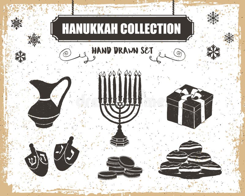 conjunto de ícones de Hanukkah, candelabro de Hanukkiah, rosquinhas  sufganiyot, música, moedas, pião pião, rabino, estrela de David, torá,  feliz Hanukkah em inglês. símbolos brancos com contorno preto 15003526  Vetor no Vecteezy