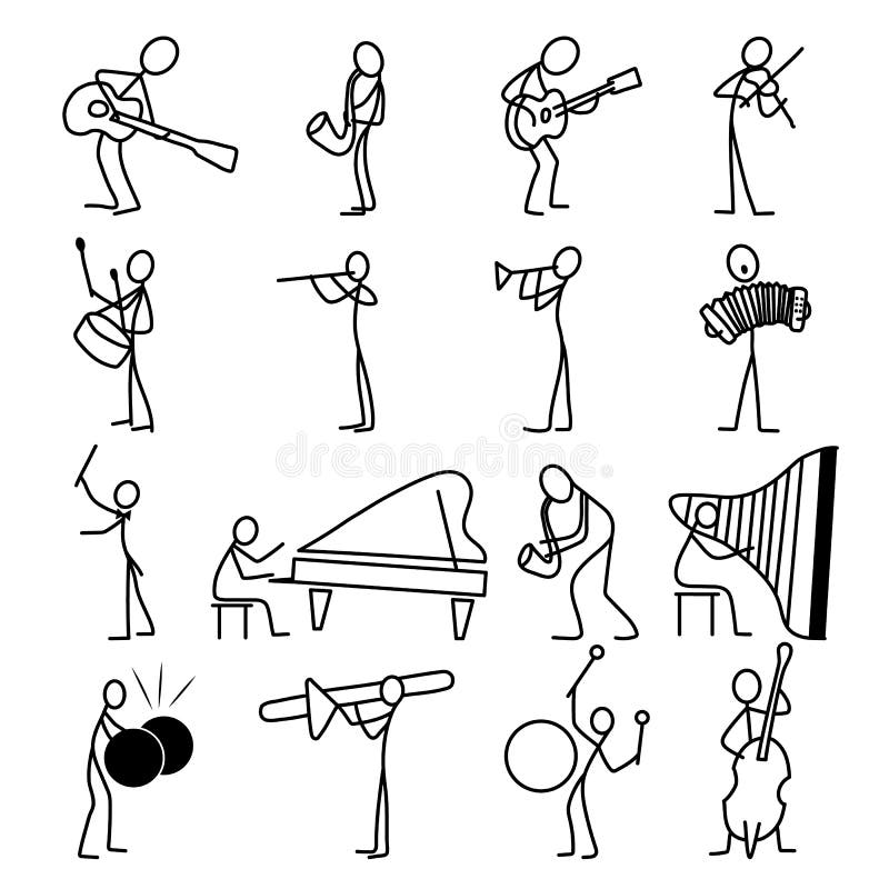  íconos De Dibujos Animados Conjunto De Figuras Del Músico Del Palo De Dibujo En Escenas Adorables En Miniatura. Ilustración del Vector