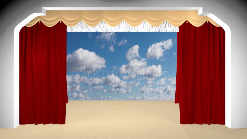 η κουρτίνα του θεάτρου άνοιξε την κίνηση των σύννεφων στο παρασκήνιο 3d.  φιλμ μικρού μήκους - Βίντεο από arroyos, acrylics: 193686024