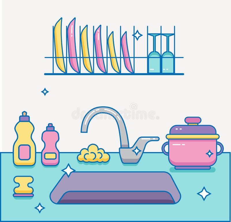 Νεροχύτης κουζινών με το σκεύος για την κουζίνα Διανυσματική απεικόνιση - εικονογραφία από το, σκεύος: 80212246