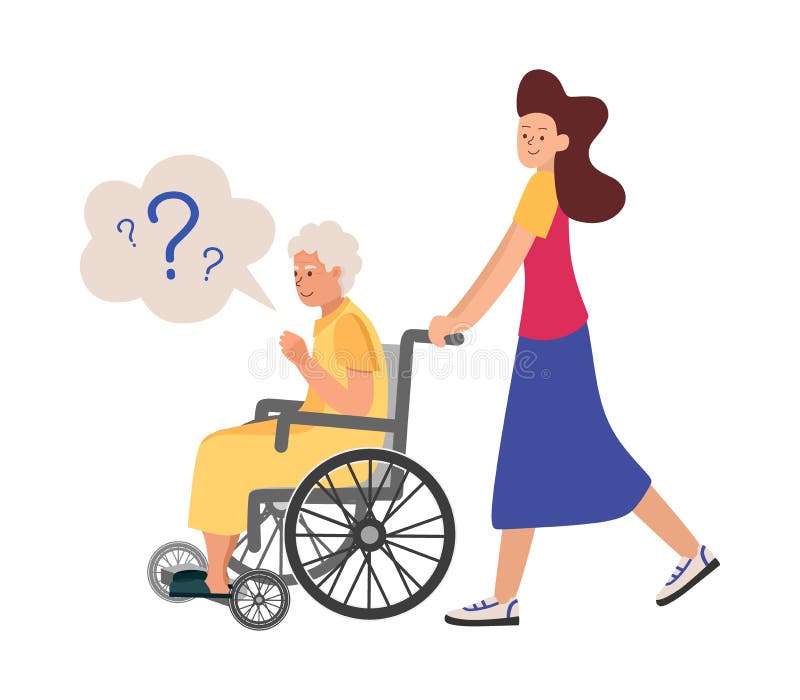 Бабушка-деменция в инвалидном кресле с сопровождающим человеком не можетпонять, где он находится векторной иллюстрацией Иллюстрация вектора -иллюстрации насчитывающей пожило, иллюстрация: 242177429