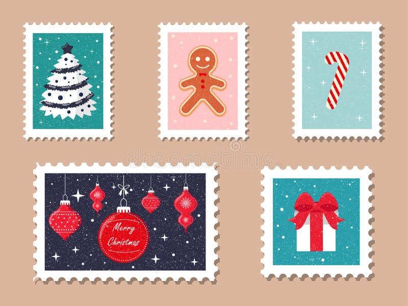 Christmas vintage postcard with postage stamps Vector Image