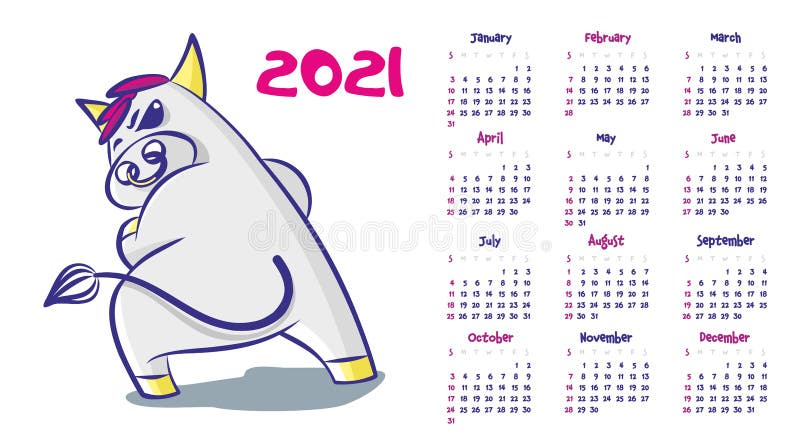 Calendar 2021. Cartoon Bull with a Ring in His Nose, Turns Tail Stock  Vector - Illustration of colored, bull: 189665184