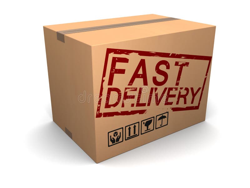 Delivery 3d. Fast delivery. Vector fragile moving Box. Cargo Box background. Package word