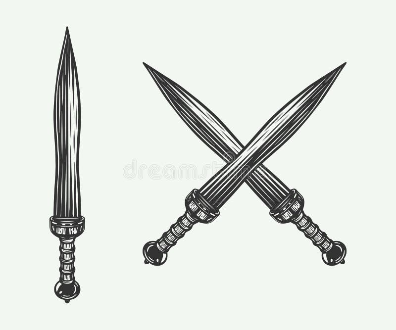Винтажный ретро кросс-шпаг Римский меч Гладиус Графическое искусство. 