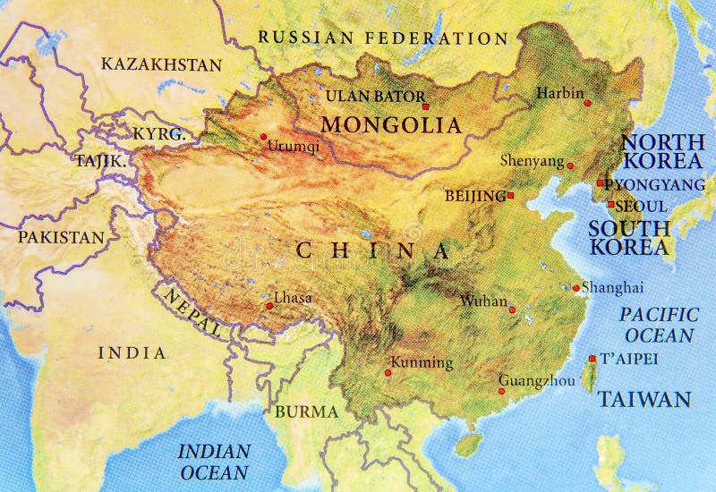 Географическая карта Китая, Монголии, Северной Кореи и Южной Кореи сважными городами Стоковое Изображение - изображение насчитывающей городок,бирма: 93853693