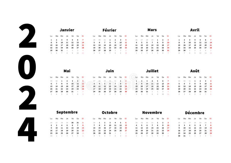 2024 год простой горизонтальный календарь во французском языке,  изолированный на белом Иллюстрация вектора - иллюстрации насчитывающей  плановик, устроитель: 243154717